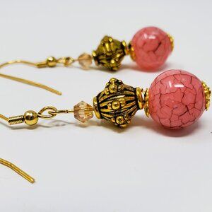 Pink Bead and Gold Filigree Earrings